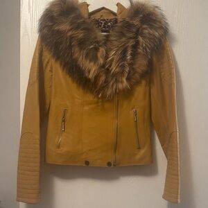 Faux Fur Collar Tan Leather Jacket